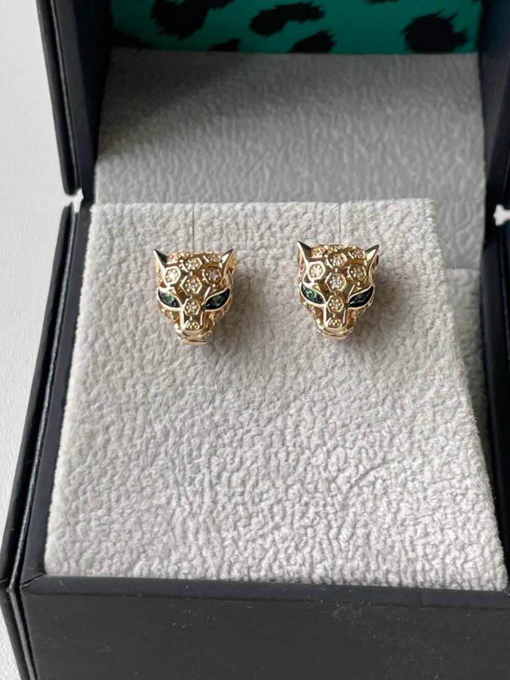 EFFY Panther Stud Earrings 14K Yellow Gold Diamond Emerald New w/ Box